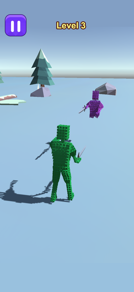 Moves Master - Moves Master gameplay featuring two blocky voxel characters with swords in a low-poly environment