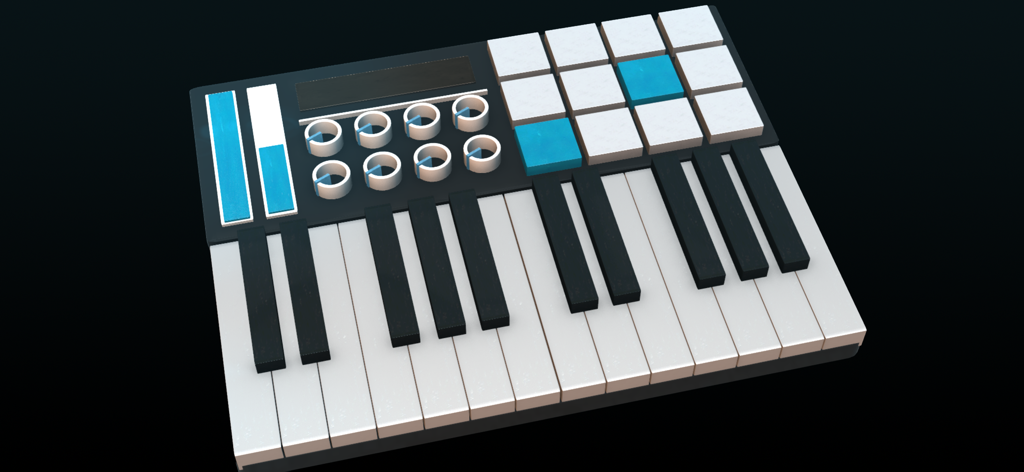 MIDI-Controller - Digital MIDI controller interface featuring a piano keyboard, drum pads, rotary knobs, and sliders.