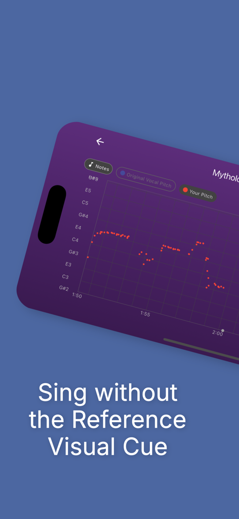 Pitchy - Sing On Pitch - Real time vocal pitch tracking chart in the Pitchy app showing a user singing without the original vocal reference line