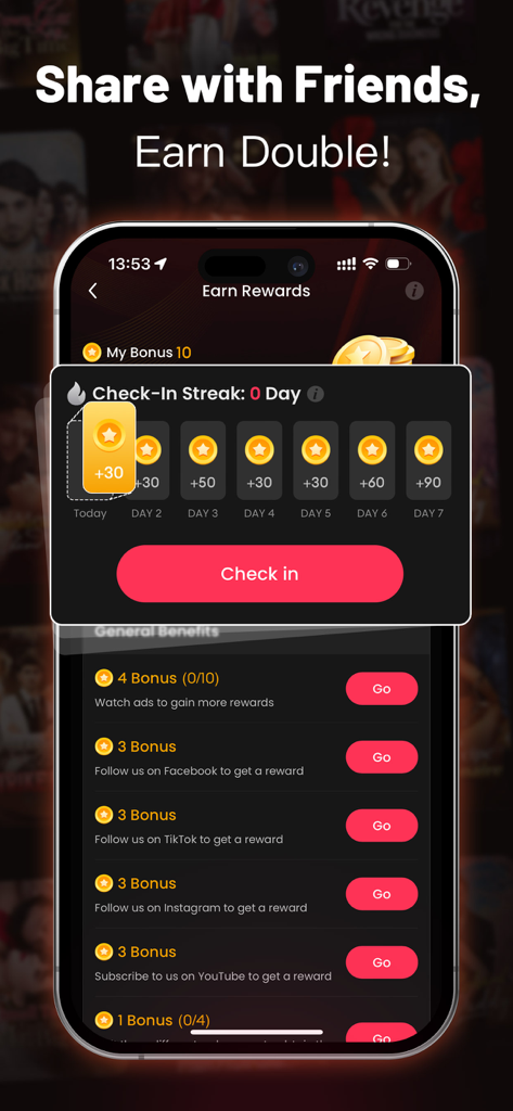 GoodShort - Short Dramas Hub - GoodShort App-Belohnungsbildschirm zeigt eine tägliche Check-in-Serie und Aufgaben für Bonusmünzen