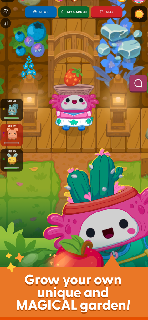 Magic Garden: Grow & Collect - Un simpatico personaggio blobling rosa in un giardino colorato con animali e piante