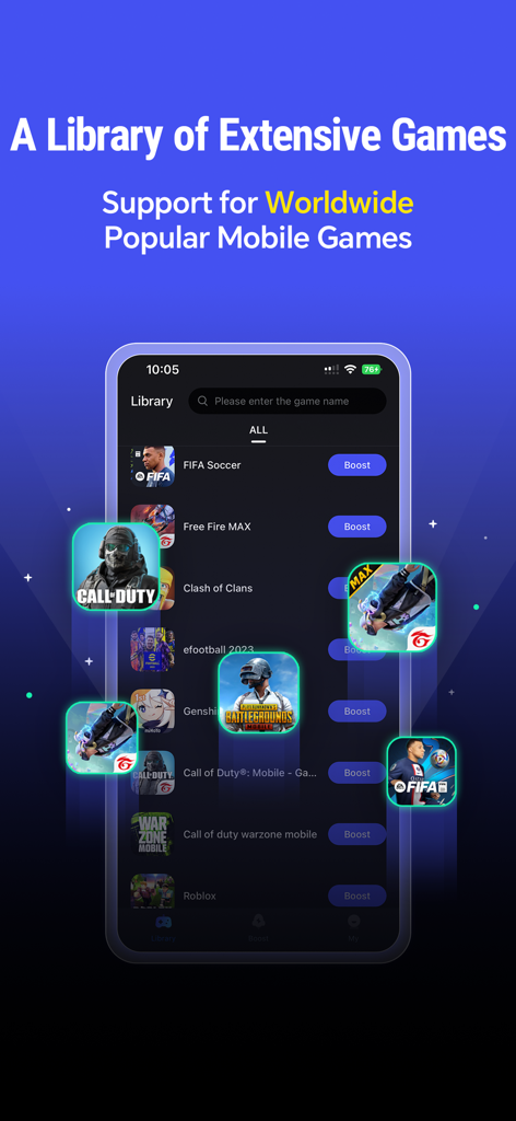 Uma biblioteca de jogos mobile populares como COD e PUBG suportados pelo LagoFast Game Booster para otimização de desempenho.