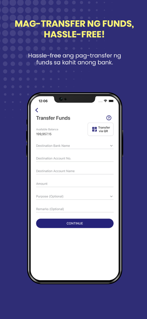 Tela do aplicativo HelloPag-IBIG mostrando a interface de transferência de fundos para bancos filipinos