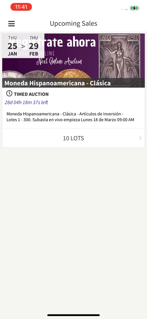 South of the World Auctions - Sección de próximas ventas de la aplicación South of the World Auctions que muestra una subasta de monedas clásicas hispanoamericanas