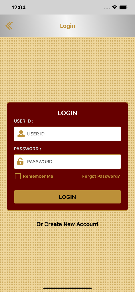 Ambicaa Spot - Login screen of the Ambicaa Spot app featuring user ID and password input fields with a gold and maroon theme