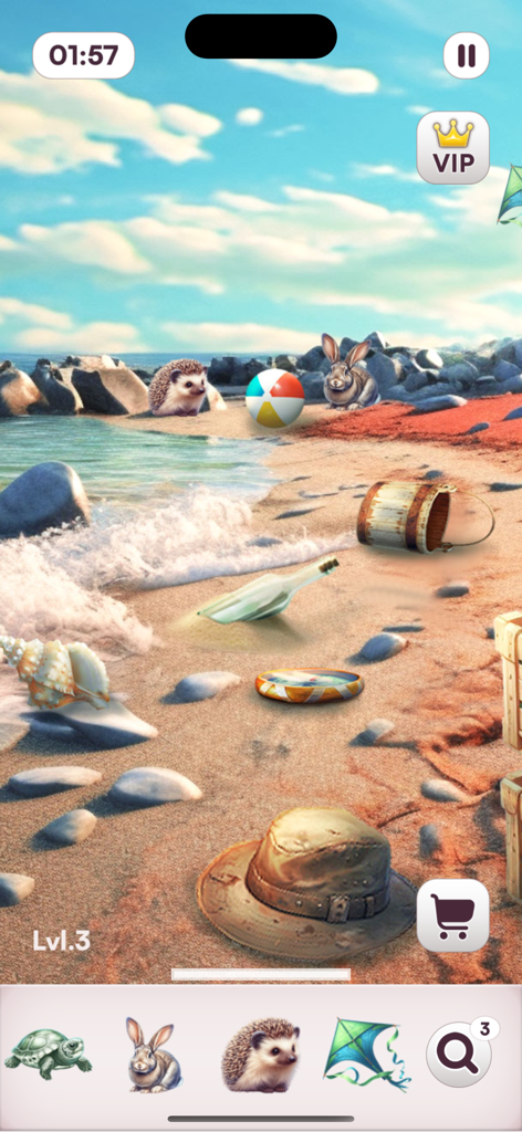 Hidden Objects: Search N Find - Una escena de playa en el juego Objetos Ocultos: Busca Y Encuentra donde los jugadores encuentran animales y objetos ocultos en la arena.