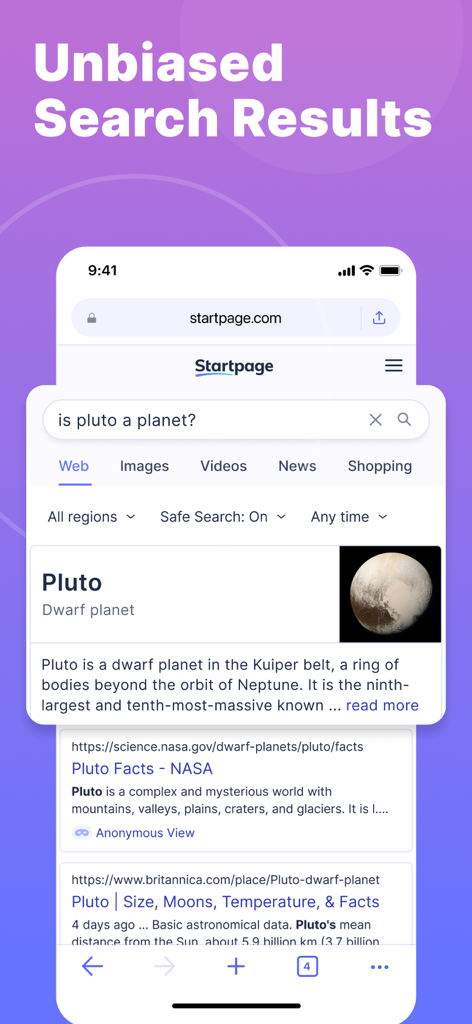 Startpageプライベートブラウザアプリのインターフェース。冥王星に関するクエリに対する偏見のない検索結果を表示しています。