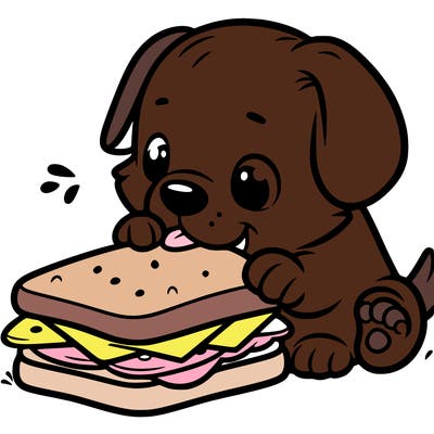 puppy trying to eat a large sandwich