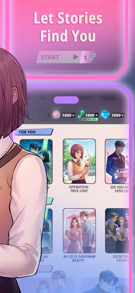 Écran de sélection de l'application mobile Unfolded Webtoon Stories montrant divers titres d'histoires interactives