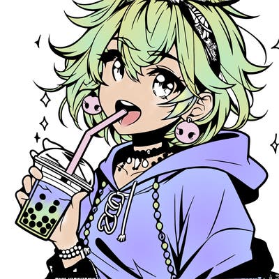 hot baddie anime girl drinking boba and biting the straw