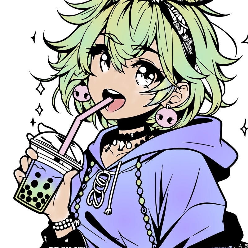 hot baddie anime girl drinking boba and biting the straw