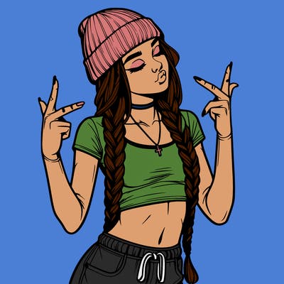 realistic teenage girl with braids and a beanie and crop top doing 🫶🏼