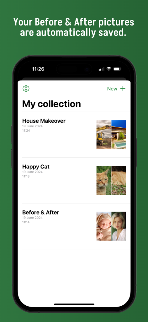 Mobile app screen showing a collection of saved side by side photo comparison projects including a house makeover and a cat