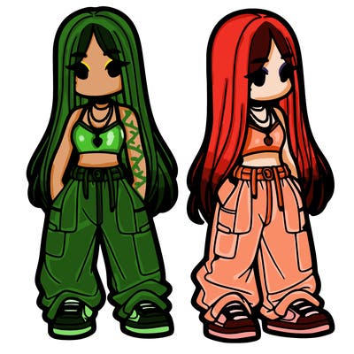 girl in baggy pants crop top and long hair