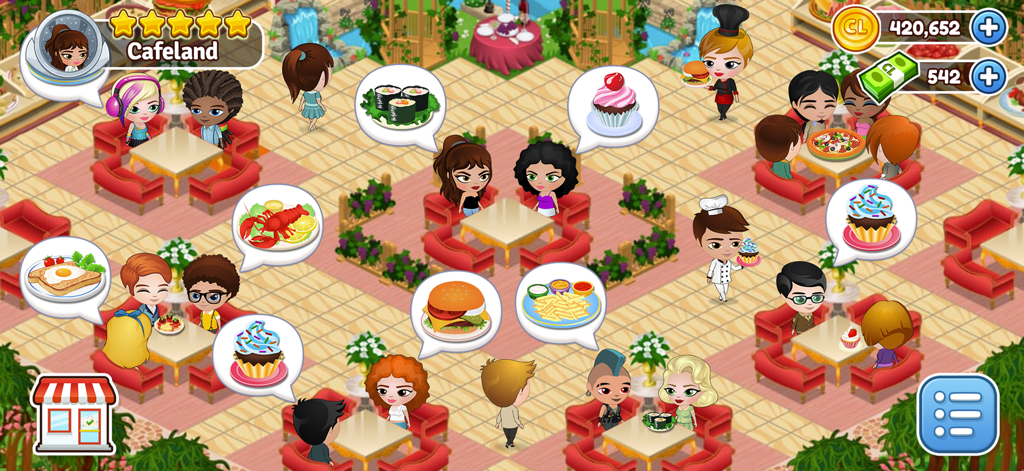 Cafeland - Restaurant Cooking - A bustling cafe in Cafeland with customers at tables ordering various dishes like burgers and cupcakes.