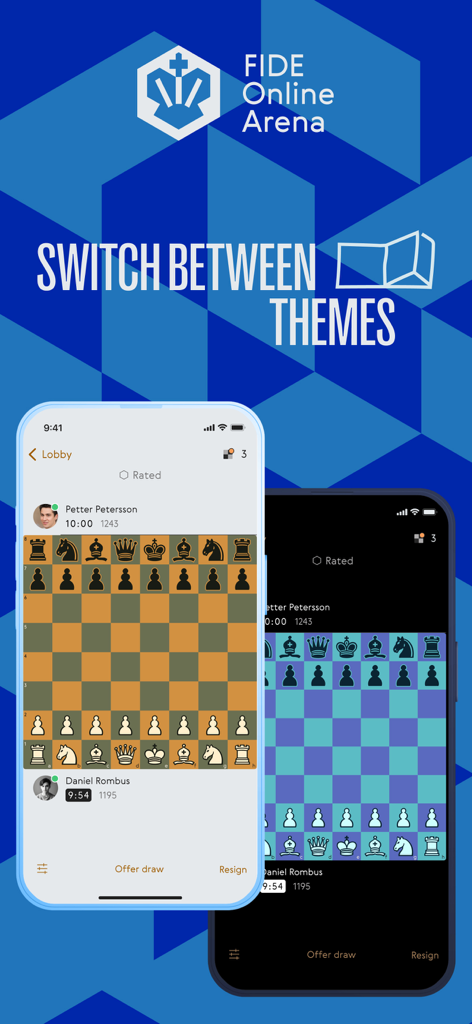 World Chess app interface showing multiple board themes and piece styles on mobile screens