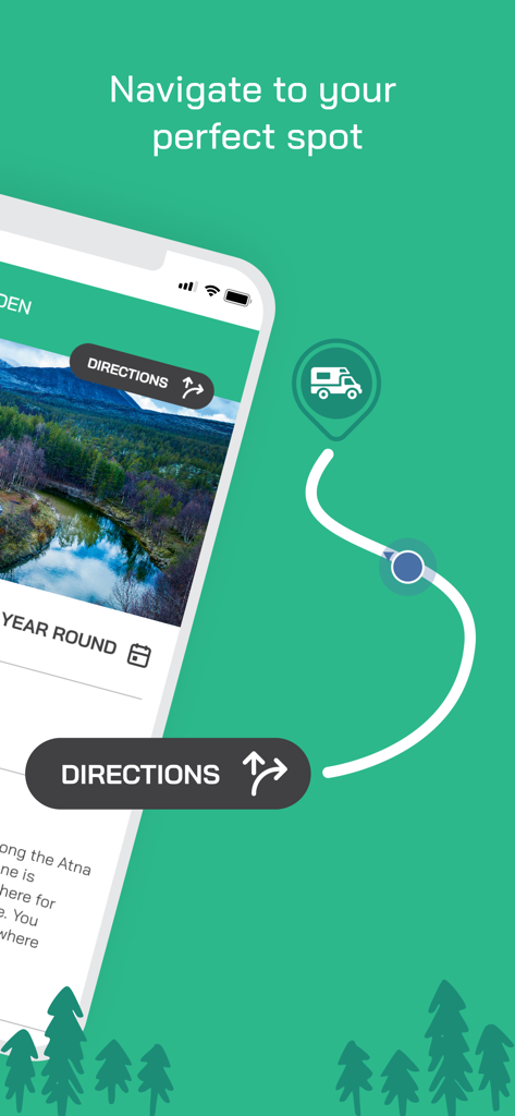 Mobile App-Oberfläche, die Navigation und Wegbeschreibungen zu einem Campingplatz in Norwegen mit einem Wohnmobilsymbol und einem gewundenen Pfad zeigt