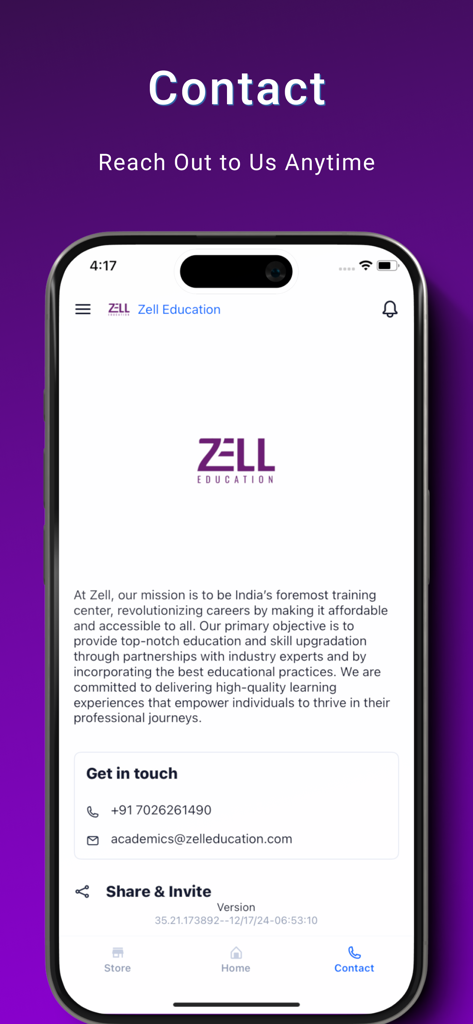 Zell Education app contact screen showing customer support details and mission statement