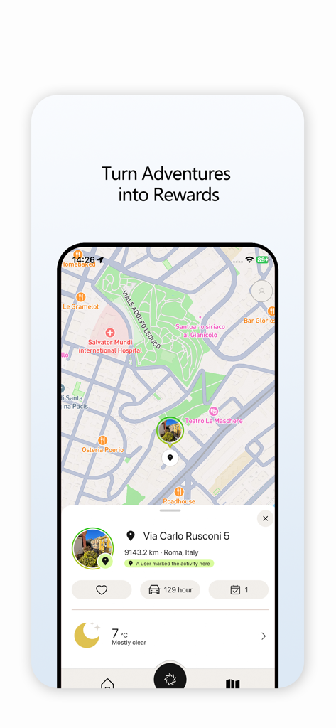 Breezy - Outdoor Weather Guru - Breezy 앱 인터페이스에 위치 체크인 및 날씨 세부 정보가 포함된 도시 지도 표시