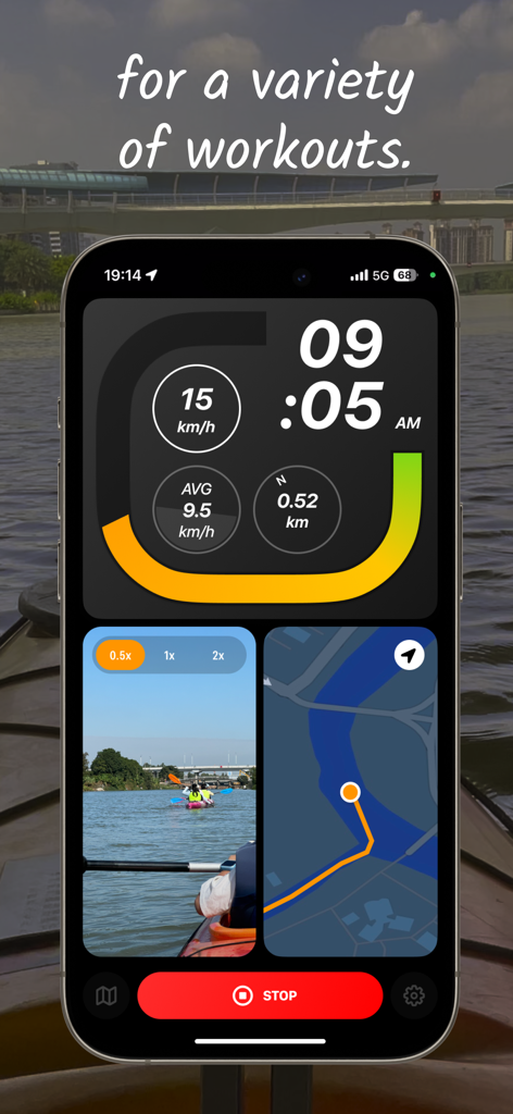 CycleHUD - speed route tracker - Interface do aplicativo CycleHUD mostrando velocidade, distância, mapa GPS e feed de vídeo ao vivo durante um treino de caiaque.