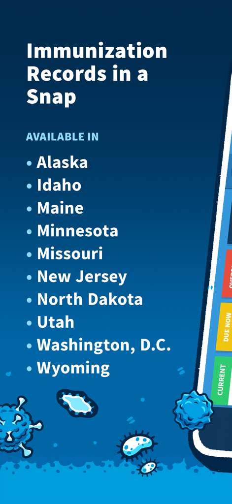 A screen from the Docket app listing supported US states for immunization records access.
