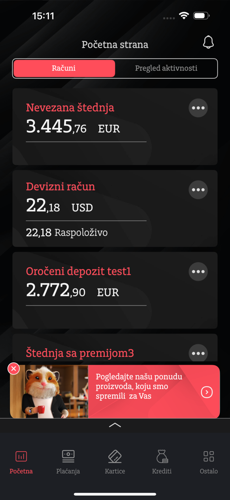 Addiko Mobile Crna Gora - Addiko Mobile Crna Gora dashboard displaying bank accounts and balances