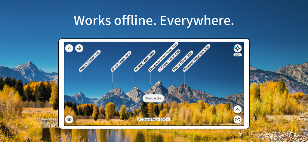 PeakFinder-App zeigt AR-Bergidentifikation auf einer Panorama-Landschaft an