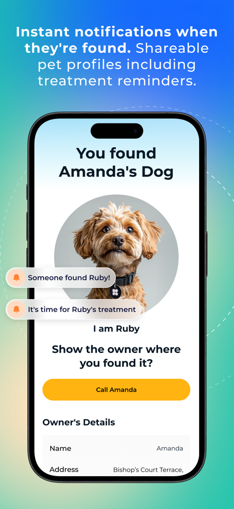 Letstrack - Family App - Smartphone displaying Letstrack app pet recovery screen with a dog profile and contact owner button