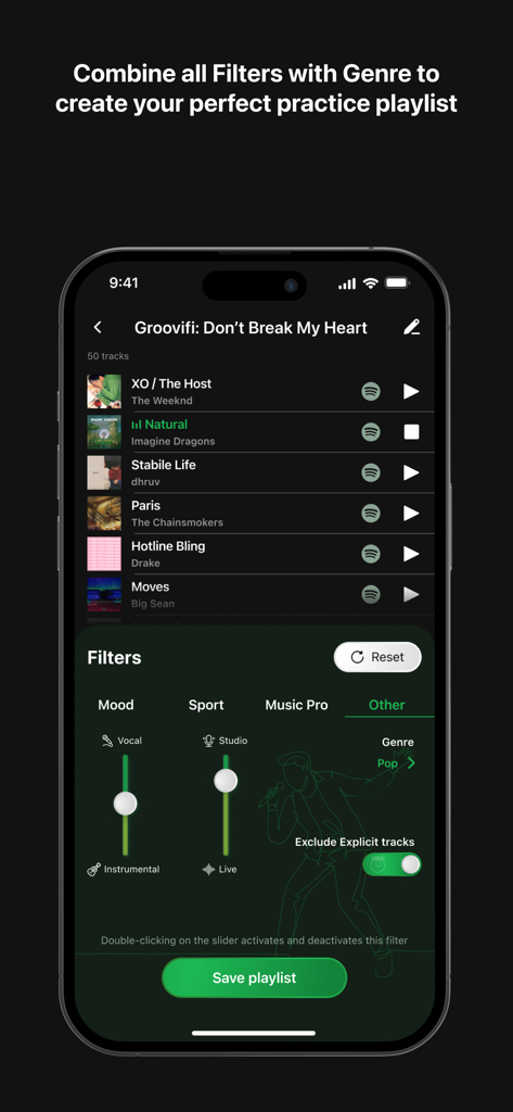 Groovifi app screenshot showing music filters and playlist creation