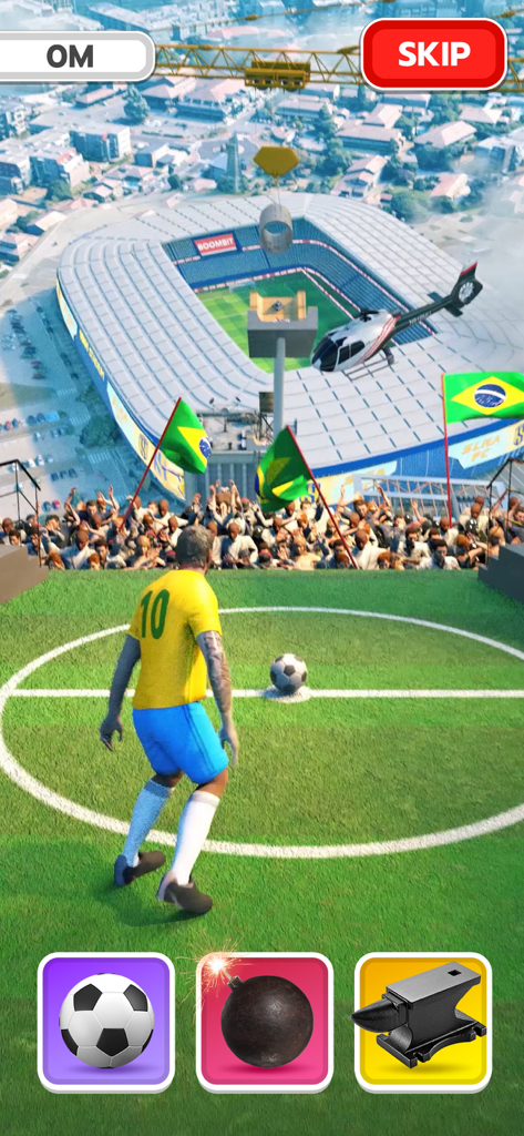 Scoring Champion - 스코어링 챔피언 모바일 게임의 대형 경기장에 공을 찰 준비를 하는 노란색 유니폼의 축구 선수