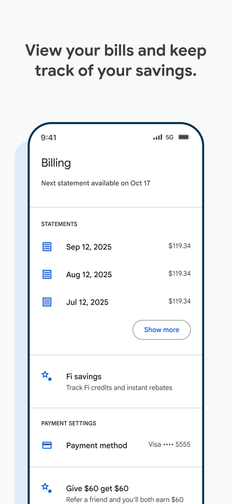 Google Fi Wireless App-Oberfläche, die Abrechnungen und den Spar-Tracker anzeigt