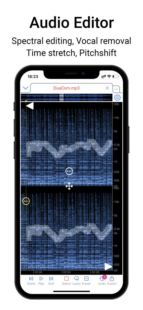 Media Assistant - Interface do aplicativo Media Assistant mostrando o Editor de Áudio com edição espectral e visualização de espectrograma em um dispositivo móvel