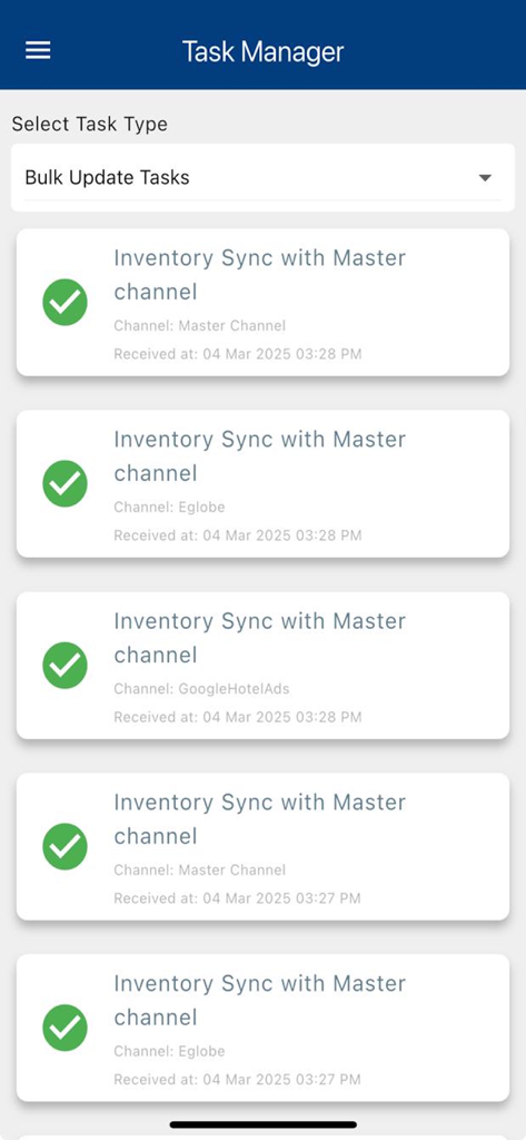 eGlobe PMS - Task manager screen showing successful inventory sync across various hotel distribution channels