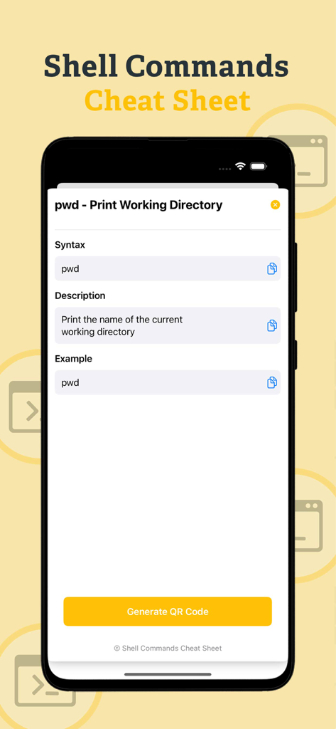 Interface de l'application mobile affichant la syntaxe et la description de la commande shell pwd