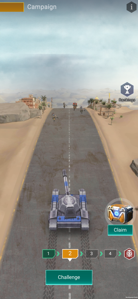 Captura de pantalla de juego de Age of Warpath mostrando un tanque en un nivel de campaña desértica.