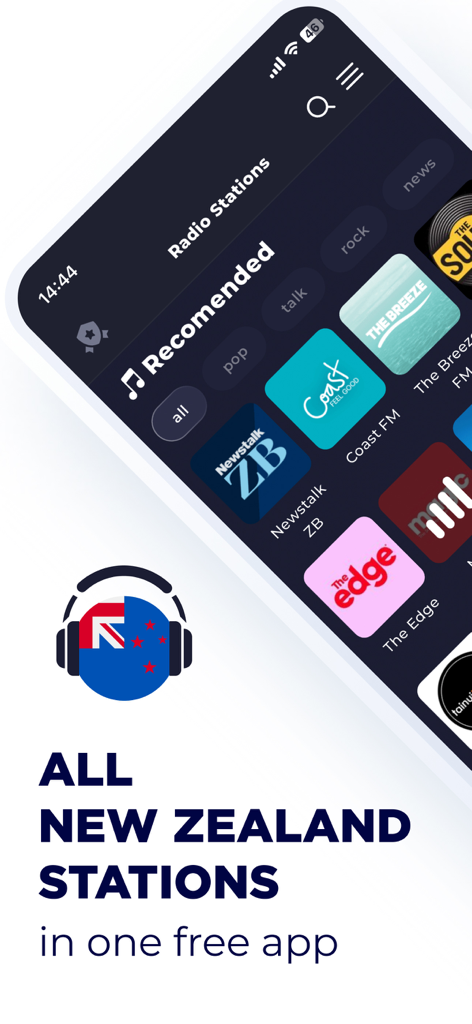 Radio New Zealand: FM & Online - Interface do aplicativo Radio New Zealand mostrando estações recomendadas como Newstalk ZB e Coast FM com filtros de gênero.