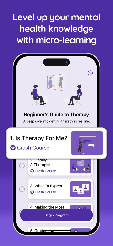 Clarity: CBT Self Help Journal - Clarity app screen showing a Beginner Guide to Therapy with micro-learning crash courses on how to find a therapist and what to expect.