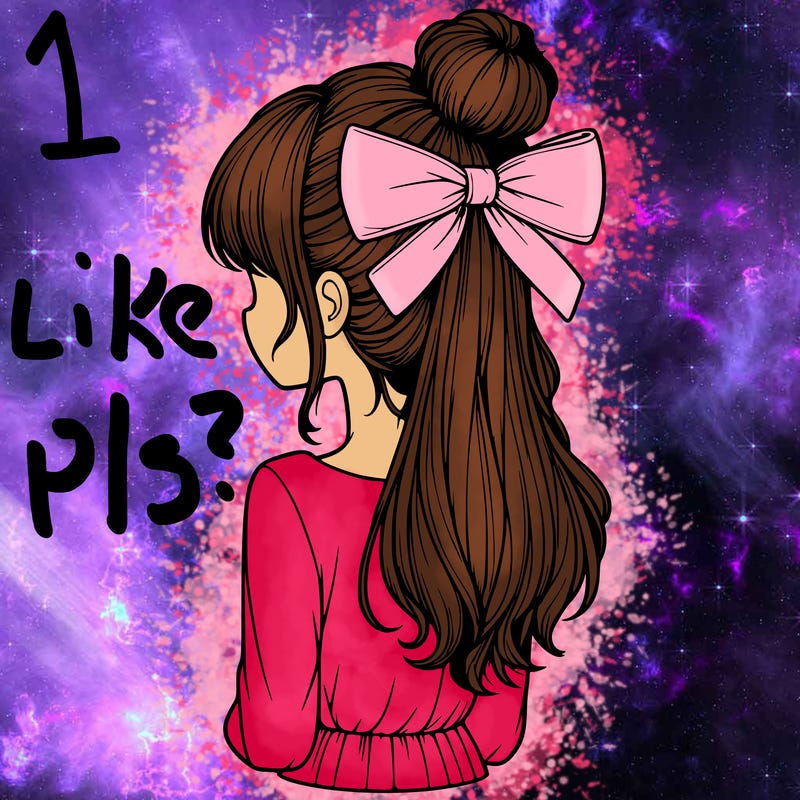 realistic girl  with hip length hair a bun and a big bow on the back of head