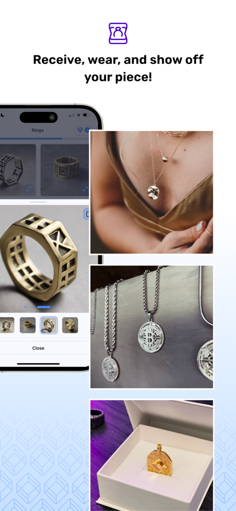 ARQ Jewelry Design - Interfaz de la aplicación ARQ y exhibición de piezas de joyería personalizadas