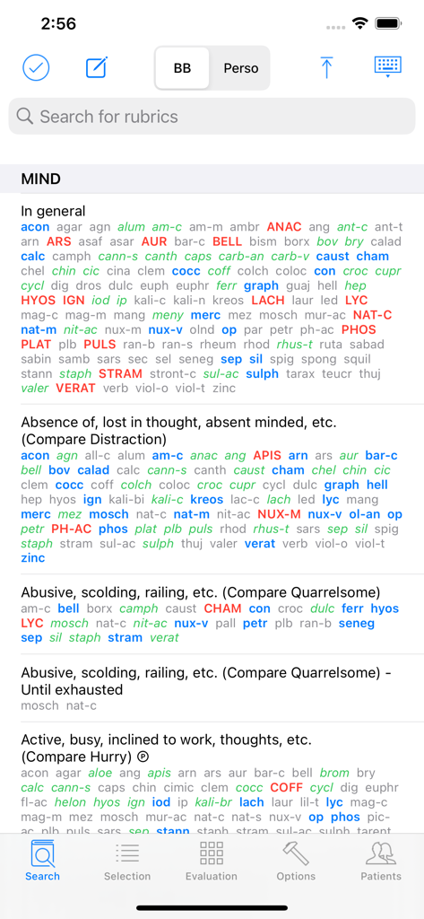 Screenshot of the Boger app search page displaying homeopathic rubrics and remedies