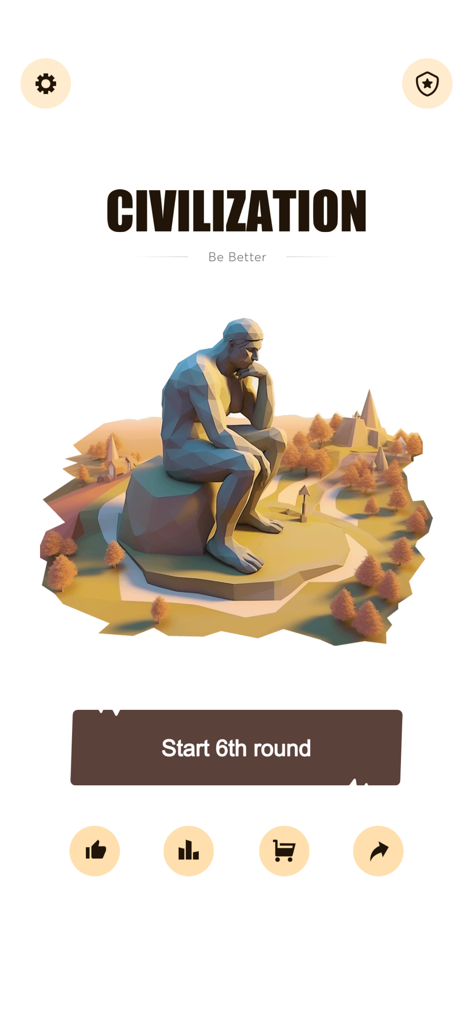 Civilization Simulator - Main menu screen of Civilization Simulator app featuring a low-poly 3D illustration of a thinker statue and a start round button.