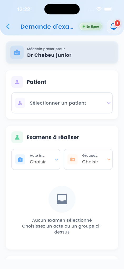 MedReport - MedReport mobile app interface for creating an examination request showing fields for the prescribing doctor, patient selection, and exams to be performed.