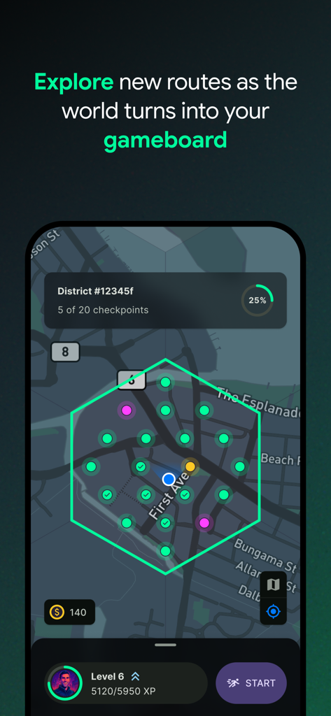 District: The Running Game - Districtフィットネスアプリの地図を表示するモバイル画面、六角形の地区と都市部にある収集可能なチェックポイントが表示されています