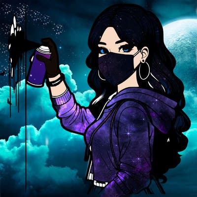 realistic girl with mask spray painting a wall