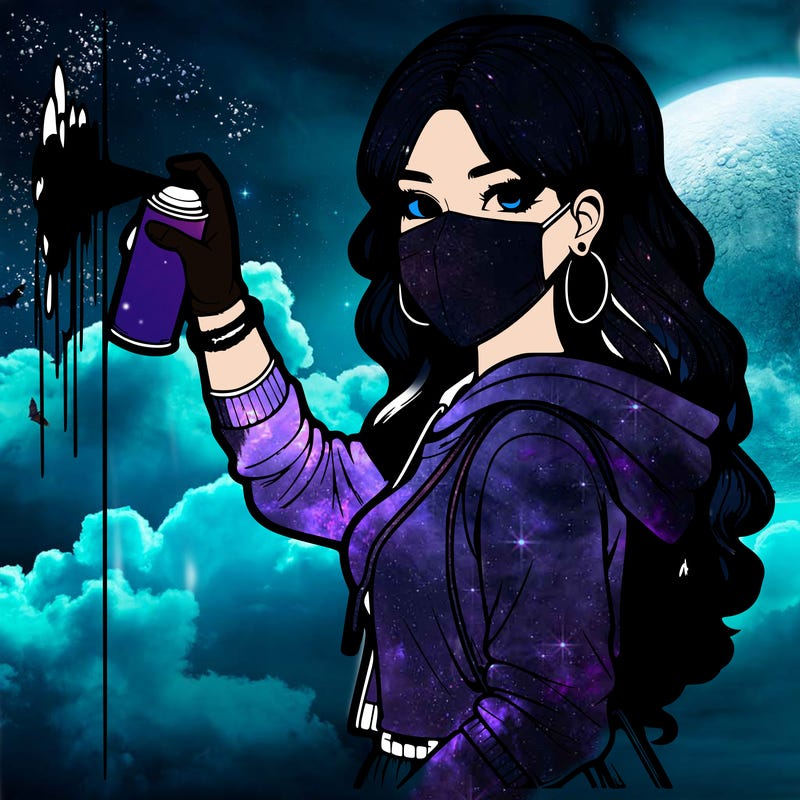 realistic girl with mask spray painting a wall