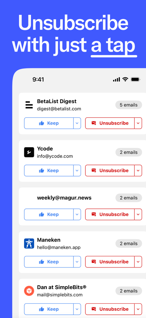 Trimbox: Email Cleaner - Trimbox mobile app interface showing mailing lists with one tap unsubscribe and keep buttons