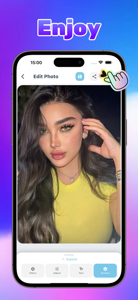 Watao - Interface of Watao photo editing app showing tools like stickers and filters applied to a portrait