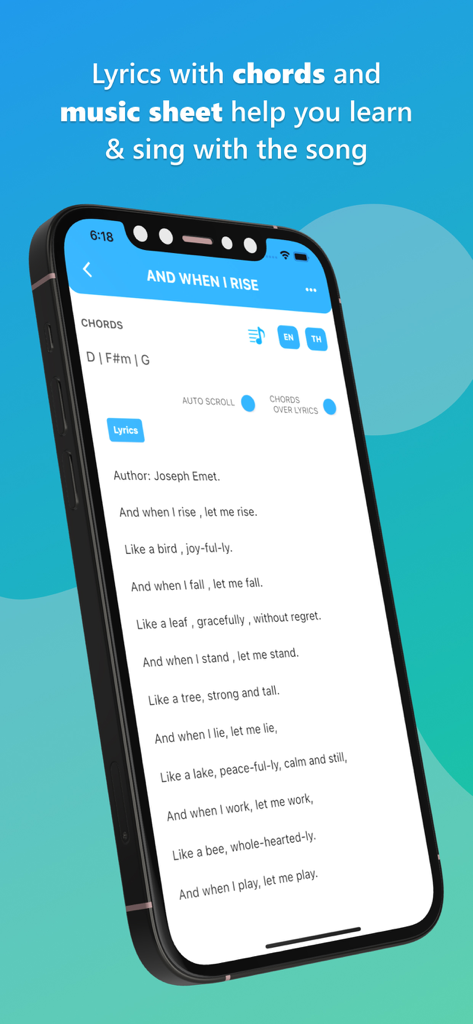 A smartphone showing the Plum Village Songs app interface with lyrics and guitar chords for a mindfulness song.