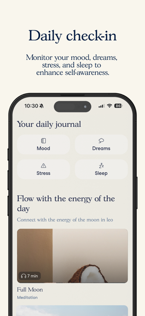 Soulloop app interface showing the daily journal screen for tracking mood dreams stress and sleep