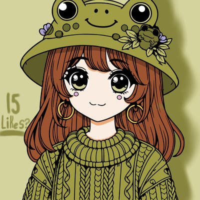 realistic girl wearing frog sweater and a frog hat with frog earrings